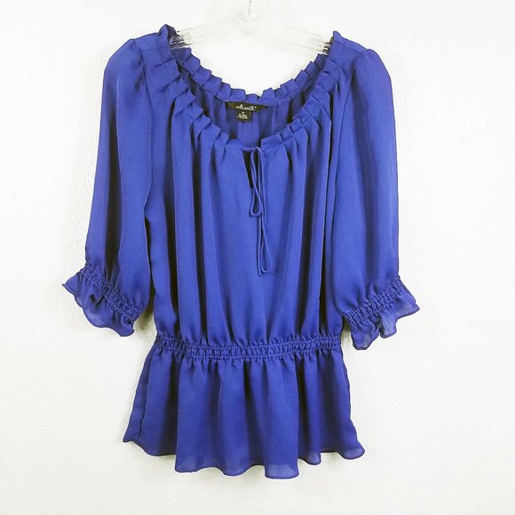 Willi Smith Tops - Willi Smith Women's Royal Blue Elastic Waist Tie Neck Shirt Top Blouse